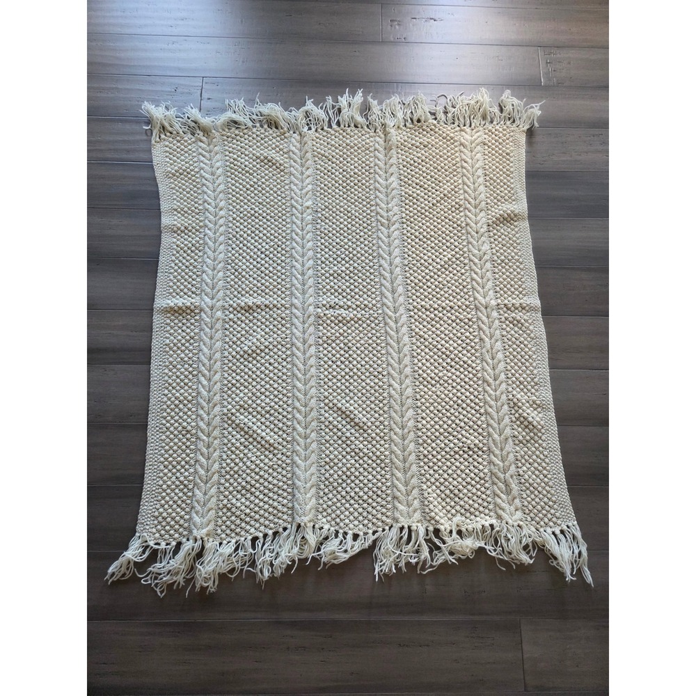 Vintage Cream Cable Knit Popcorn Stitch Fringe Throw Blanket Ivory Boho 43x48